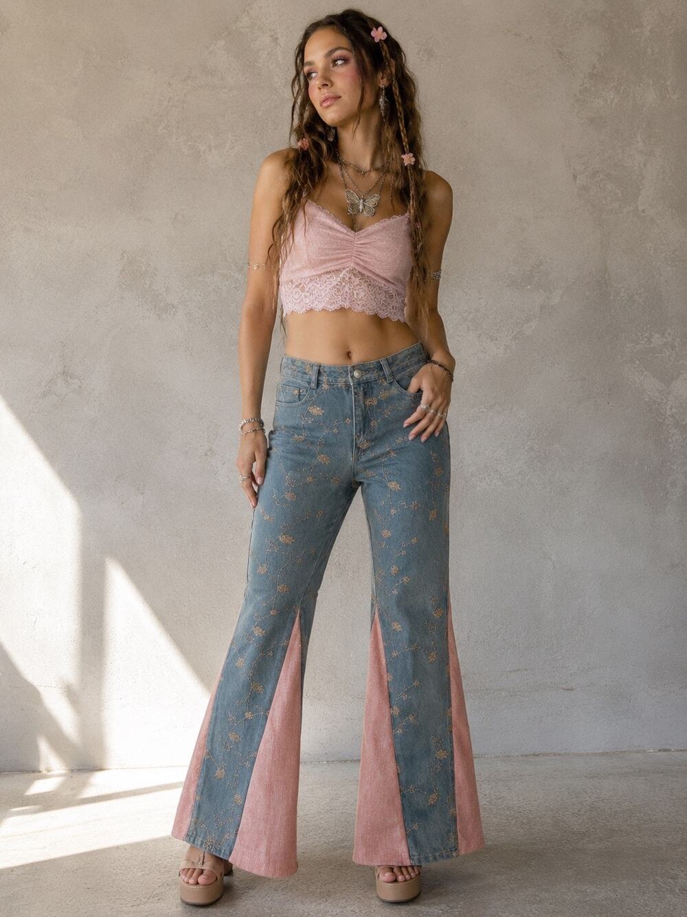 Vintage Y2K Upcycled Jordache Embroidered Flare Jeans Size 29 Fairy